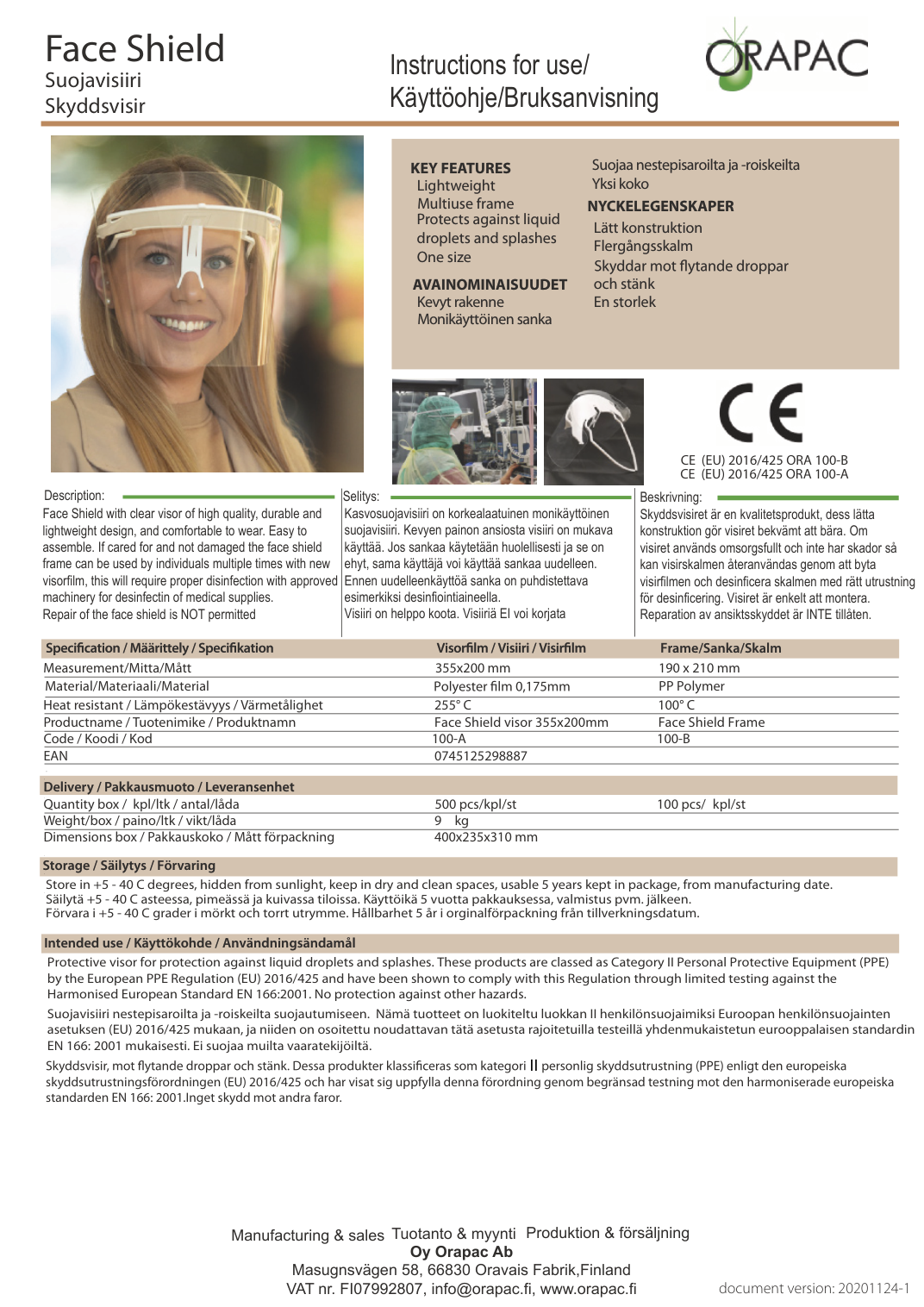 Orapac Face Shield -kasvovisiiri